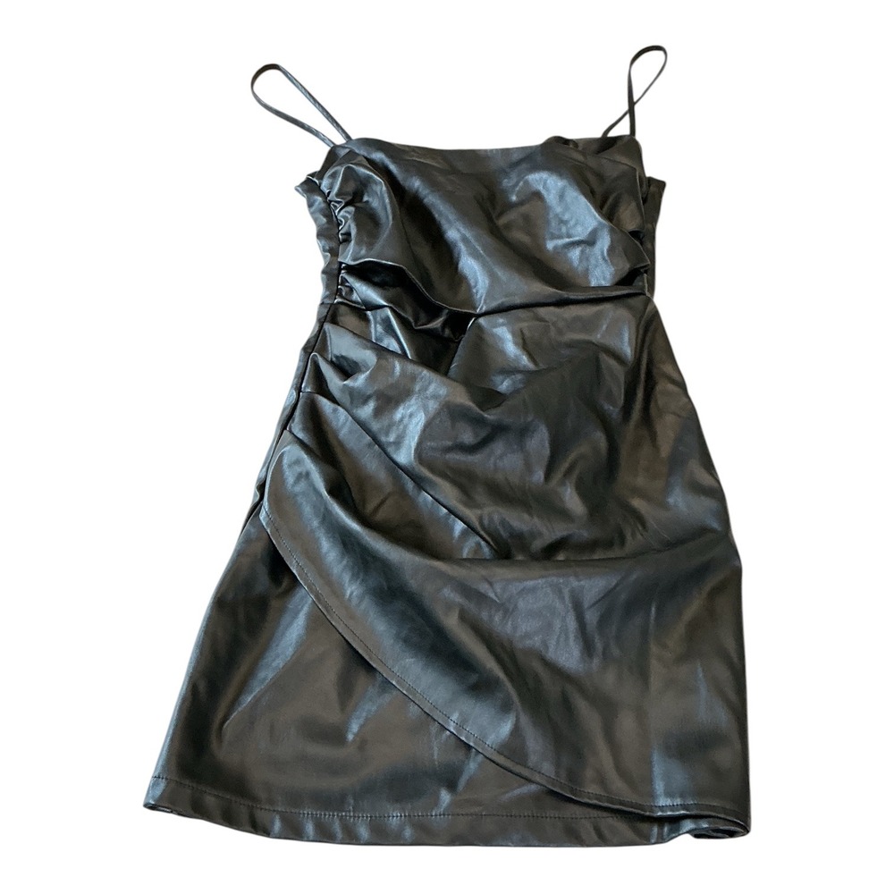 Ryan Burchen Black Faux Leather Cowl Neck Ruched Mini Dress XS A1286-1T - Picture 3 of 12